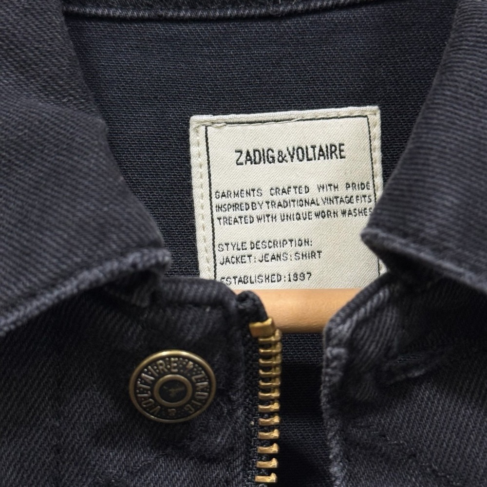 Zadig & Voltaire Y2K Kioky Grunge Black Denim Jacket Rhinestone Eagle XS - Picture 3 of 11